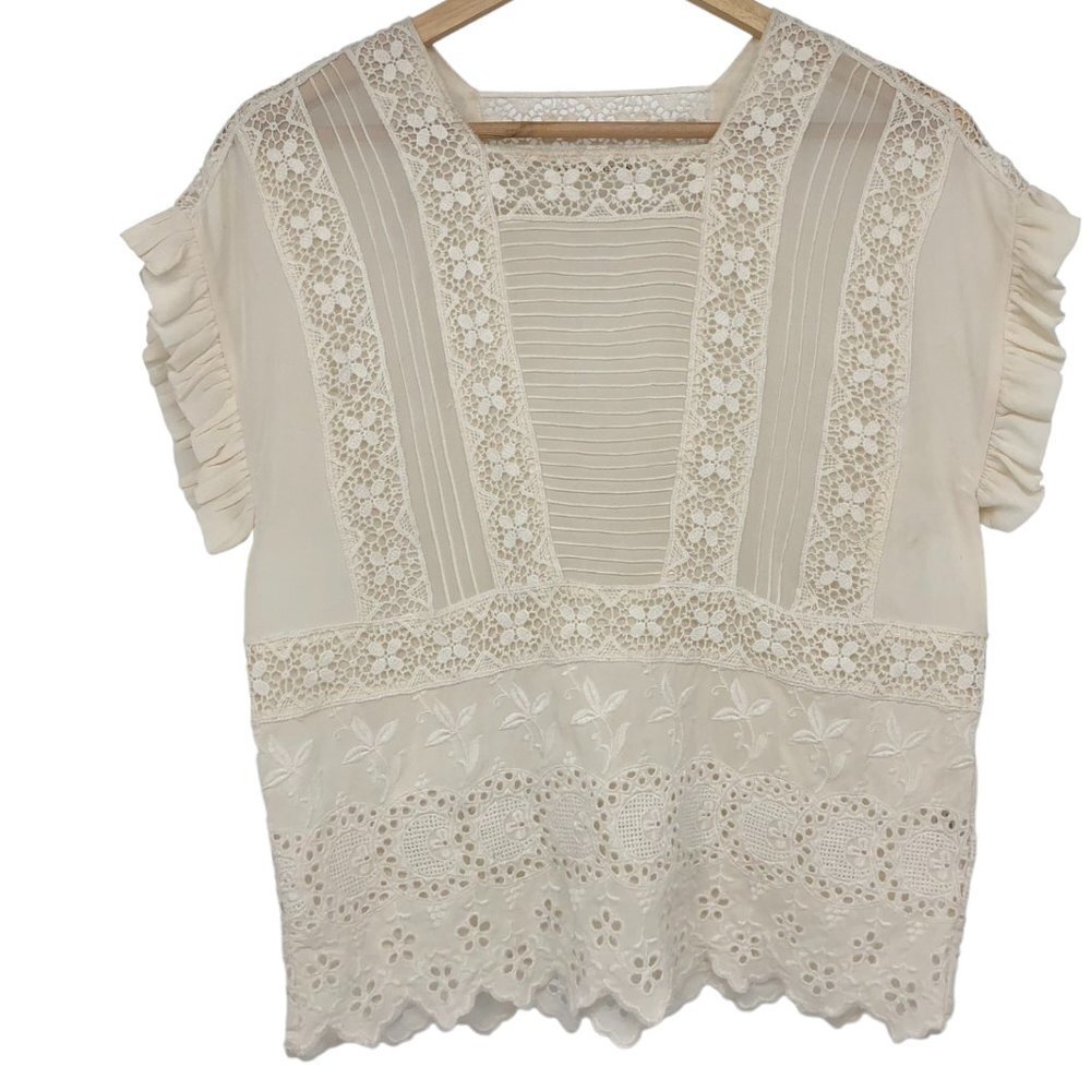 Ulla Johnson Adrienne Scalloped  Silk Eyelet Victorian Blouse Off White Size 2 - Picture 3 of 16